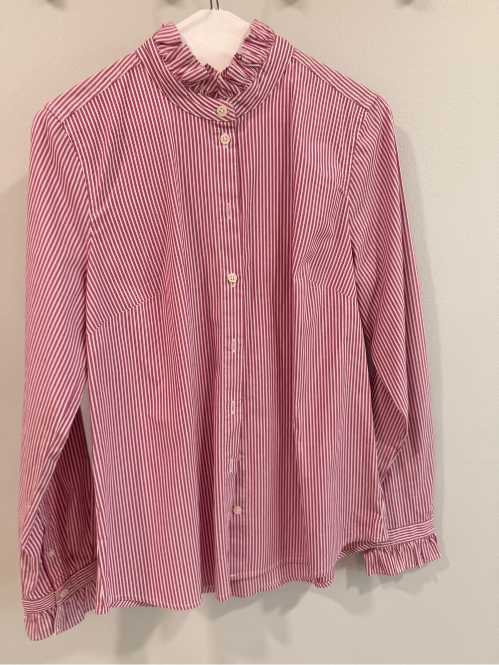Pink Stripe Ruffle Collar Button-Up Top